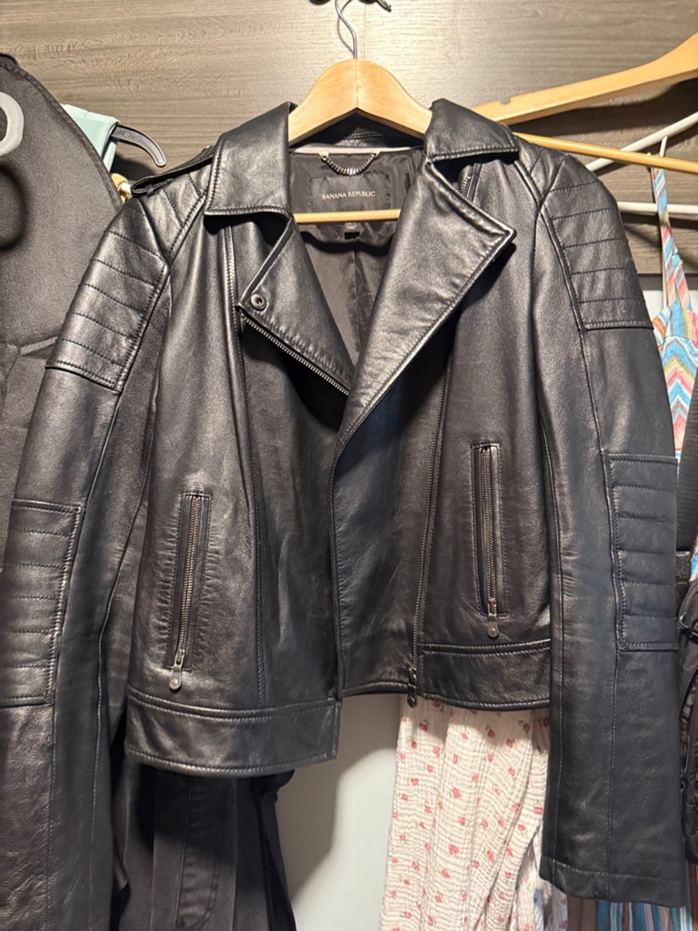 Banana Republic Black Leather Quilted-Sleeve Moto Jacket